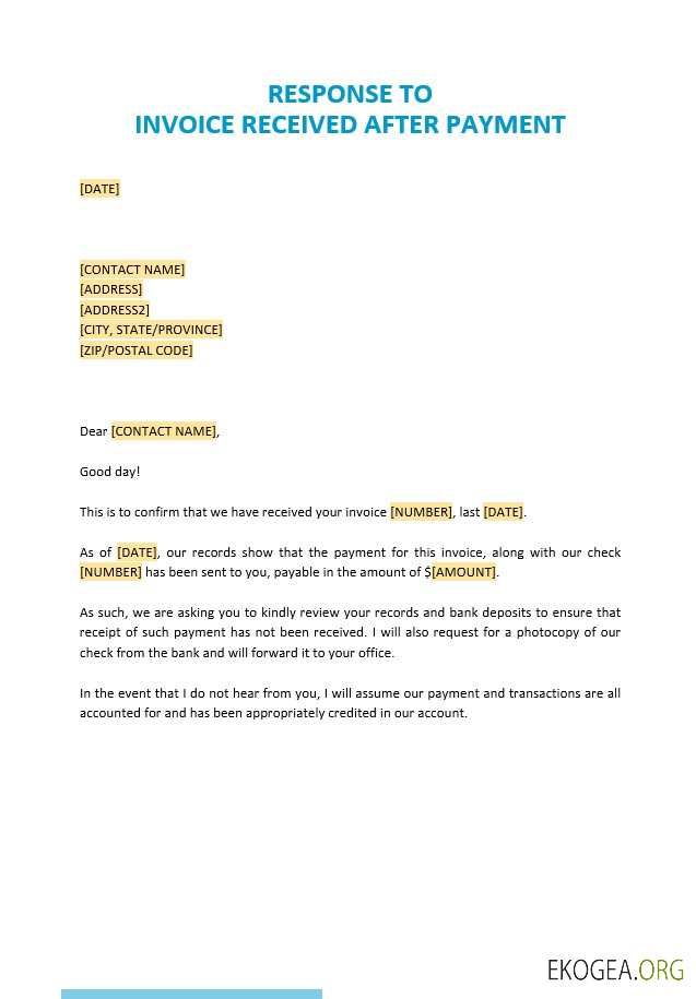 Modèle de réponse gratuite à la facture reçue après le paiement